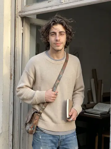 Rodolphe, AI character: outside a small shared atelier near Belleville in Paris, standing in the doorway with sketchbooks and…
