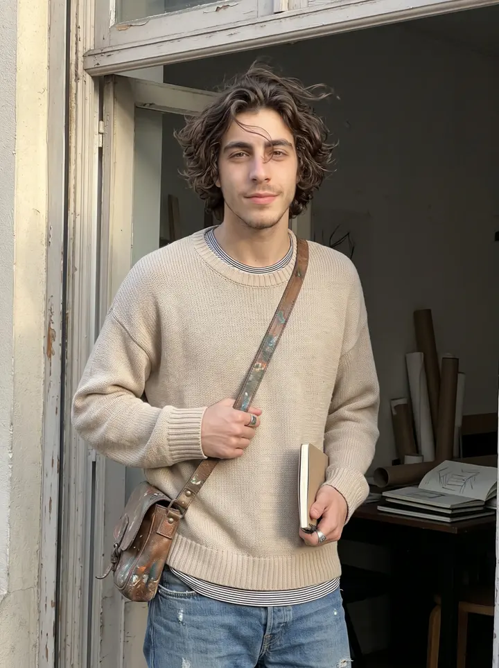 Rodolphe, AI character: outside a small shared atelier near Belleville in Paris, standing in the doorway with sketchbooks and…