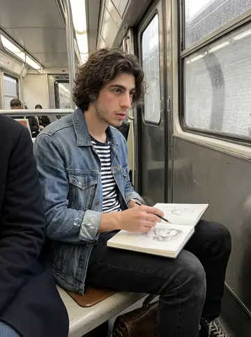 Rodolphe, AI character: inside a Paris metro carriage on a rainy spring morning, seated near the doors with his sketchbook open on…