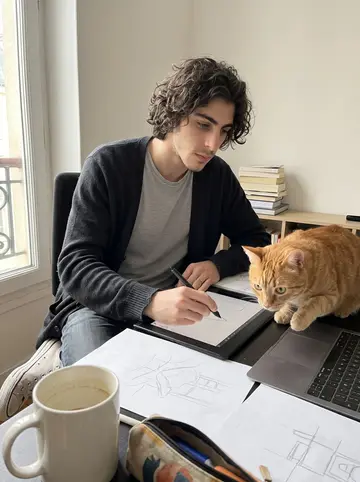 Rodolphe, AI character: his small Paris apartment in the morning, a desk crowded with sketch paper, a drawing tablet, coffee mug,…