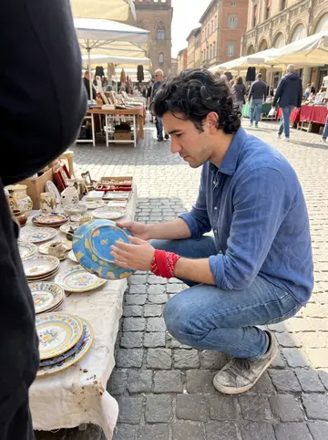 Gianni, AI character: a Sunday flea market in a Bologna piazza, a stall table covered with old painted majolica plates and jugs