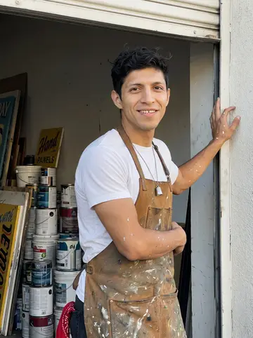 Raúl, AI character: outside his East Los Angeles sign shop at the open roll-up door, hand-painted panels and cans stacked…