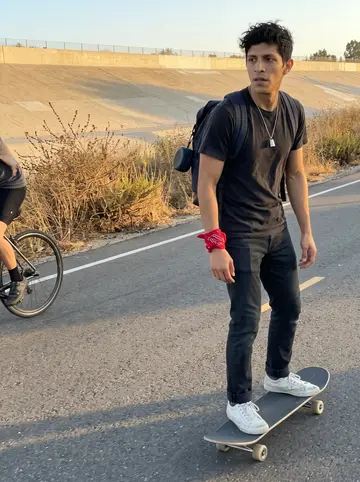 Raúl, AI character: LA River bike path at sunset with low concrete banks and dry brush behind him