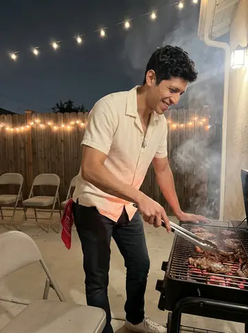 Raúl, AI character: family backyard cookout in East Los Angeles with folding chairs, a small grill and holiday lights along…