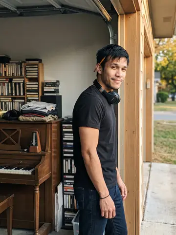 Cole, AI character: the open doorway of his converted garage edit room in East Austin, an old upright piano and shelves of…