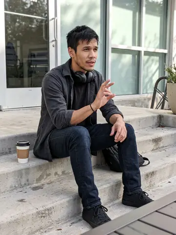Cole, AI character: concrete steps outside a small East Austin client edit office during a break between review notes