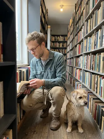 Jonah, AI character: a narrow aisle in a used bookstore on SE Hawthorne in Portland, Pickle sitting beside him on a leash