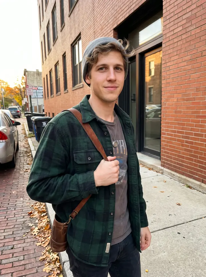 Mark, AI character: a brick side street in Pittsburgh near his new building, late golden light bouncing off apartment windows…