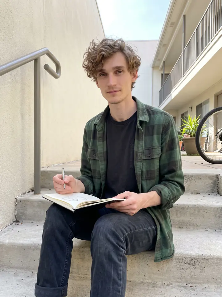 Beau, AI character: the sunny concrete steps inside his Austin apartment courtyard, sketchbook open on his knee and the…