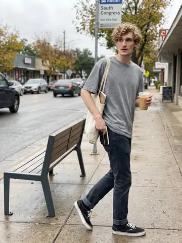 Beau, AI character: a bus stop on South Congress in Austin, damp sidewalk, traffic and low storefronts behind him
