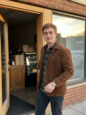 Bentley, AI character: outside his tiny chocolate shop in Burlington, Vermont, standing in the open doorway after closing, Lake…