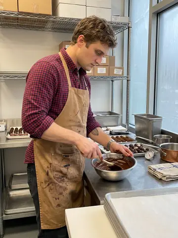 Bentley, AI character: inside the chocolate shop kitchen at 5 a