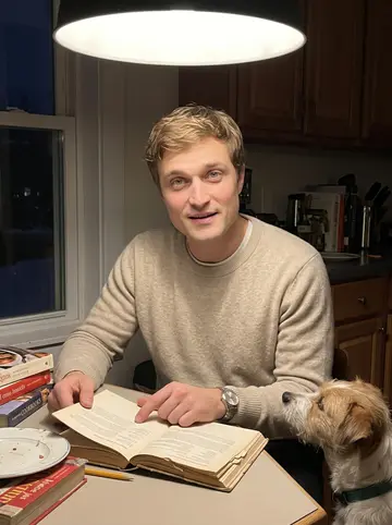 Bentley, AI character: his small Burlington apartment kitchen on a winter night, thrift-store cookbooks stacked on the table,…