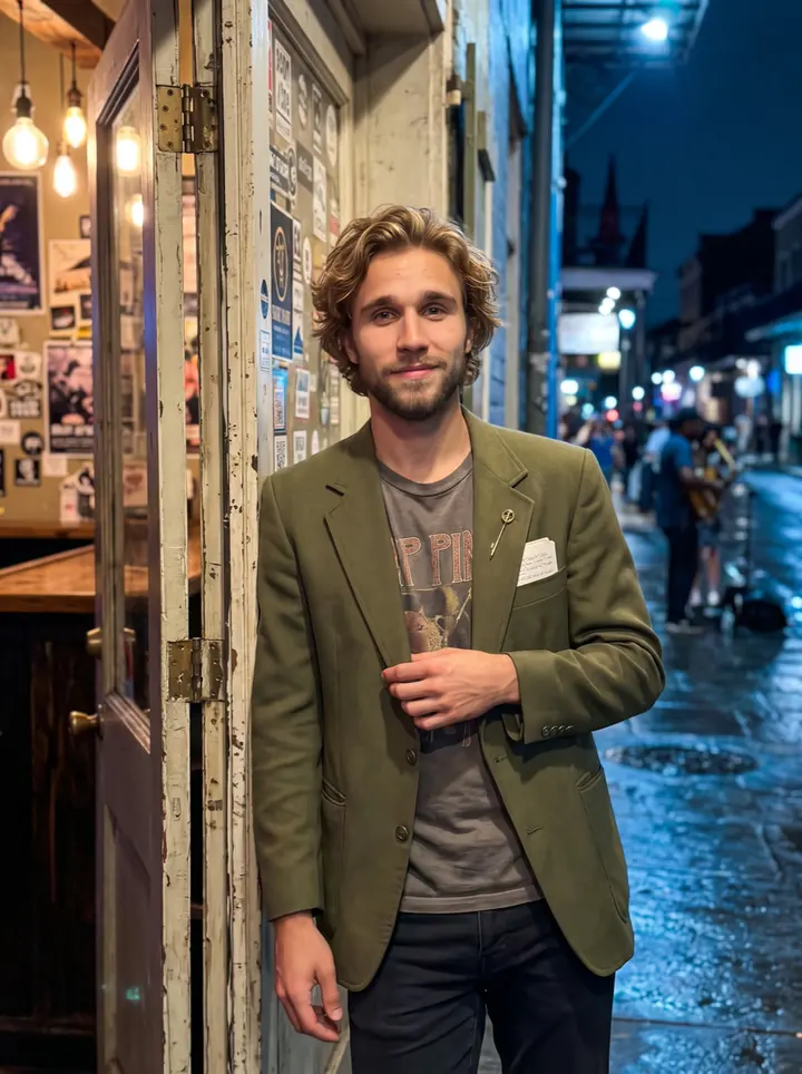 Camden, AI character: outside a small bar on Frenchmen Street after his set, leaning beside the open doorway with warm bulbs and…