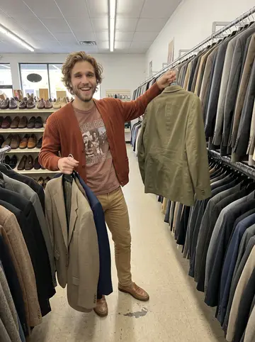 Camden, AI character: a thrift store aisle in Bywater, narrow racks of old suit jackets and loafers around him