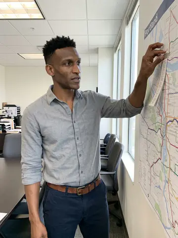 Chibuzo, AI character: inside a Portland planning office conference room, standing beside a wall map of bus routes and colored…