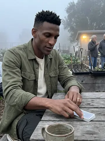 Chibuzo, AI character: community garden picnic table at dawn, seed trays and a deck of cards on the table, older neighbors…