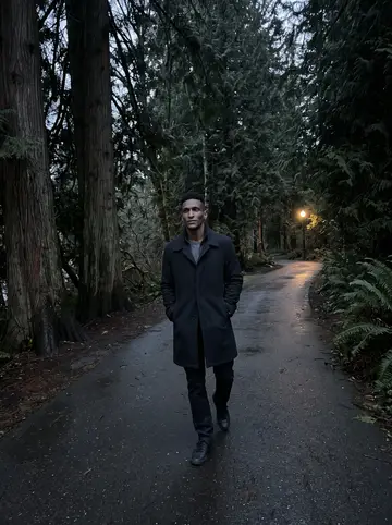 Chibuzo, AI character: a paved path through Portland's old growth park at blue hour, wet cedar trunks and dark ferns around him
