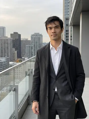 Terence, AI character: a quiet hotel rooftop terrace in downtown Seattle after a late pricing meeting, glass railing and grey…