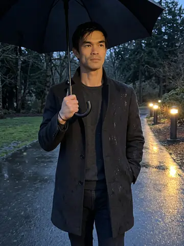 Terence, AI character: a wet path in the Washington Park Arboretum at dusk, dark trees and shiny pavement behind him