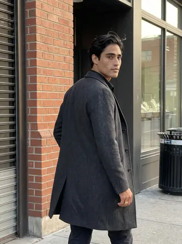 Alexis, AI character: a quiet downtown sidewalk just before sunset, glass storefronts and warm brick behind him after closing…