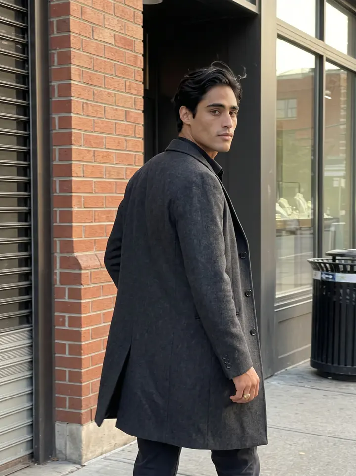 Alexis, AI character: a quiet downtown sidewalk just before sunset, glass storefronts and warm brick behind him after closing…