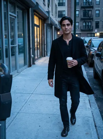 Alexis, AI character: the nearly empty street below his third-floor apartment before sunrise, closed storefronts and cold blue…
