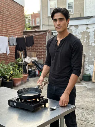 Alexis, AI character: the small shared courtyard behind his apartment building, cast iron pan over a portable open flame on a…
