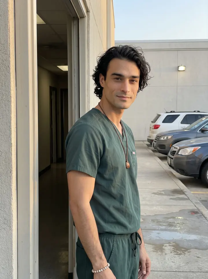 Julián, AI character: outside the staff entrance of a twenty-four-hour animal hospital in San Antonio just after sunrise, the…