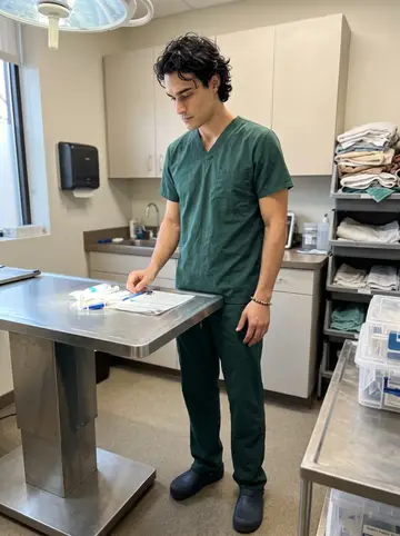 Julián, AI character: inside the animal ER treatment area near stainless exam tables and stacked towel bins