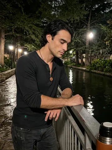 Julián, AI character: the San Antonio river trail after midnight, damp stone path, cypress shadows, a thermos of canela tea on…