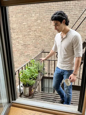 Julián, AI character: his third-floor apartment fire escape with coffee-can herbs lined along the rail, brick wall and San…