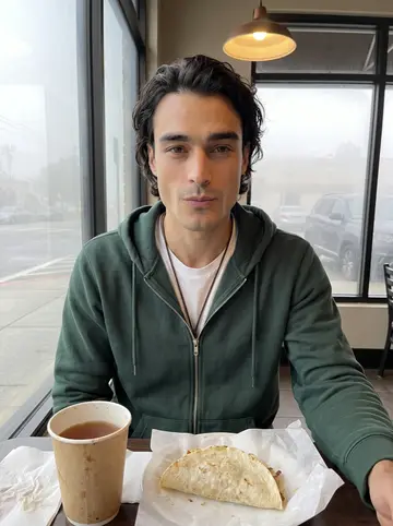 Julián, AI character: a small early-morning cafe near the hospital, fogged street window behind him and a paper cup of canela…