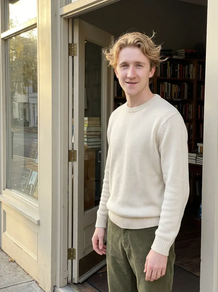 Austin, AI character: outside the small bookstore on a quiet Oregon main street, standing in the open doorway with shelves and…