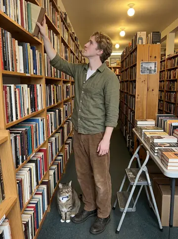 Austin, AI character: inside the bookstore between tall used-book shelves, a step stool beside the new arrivals table, Pemberton…