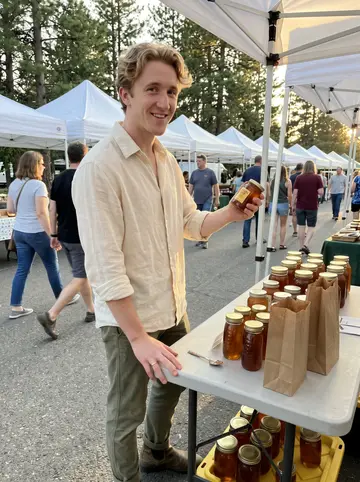 Austin, AI character: a weekend farmers market honey stall near town, jars of local honey on a folding table and pine trees…