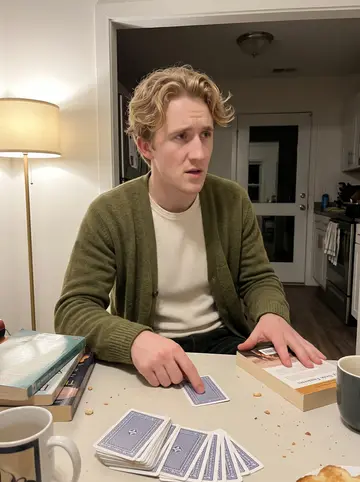 Austin, AI character: a small apartment dining table after closing time, mugs, a deck of cards, and a stack of borrowed…