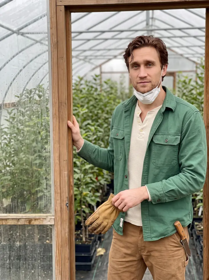 Avery, AI character: the open doorway of the propagation house at the plant nursery in Portland, mist hanging over rows of…