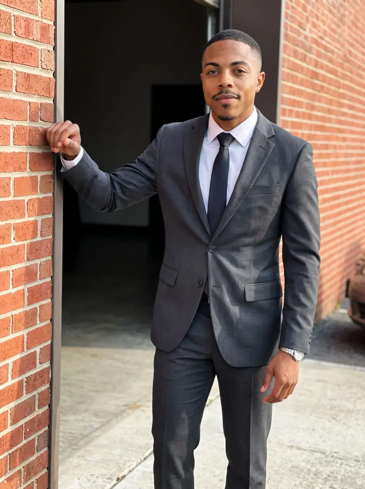 LaMarcus, AI character: outside a brick event hall in southwest Atlanta after a suit fitting for his sister's wedding
