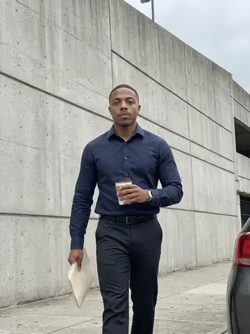 LaMarcus, AI character: sidewalk outside the federal courthouse parking garage in downtown Atlanta after a long day