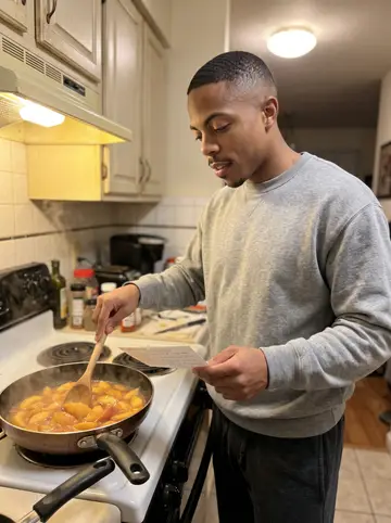 LaMarcus, AI character: his grandmother's warm kitchen during a supervised attempt at peach cobbler