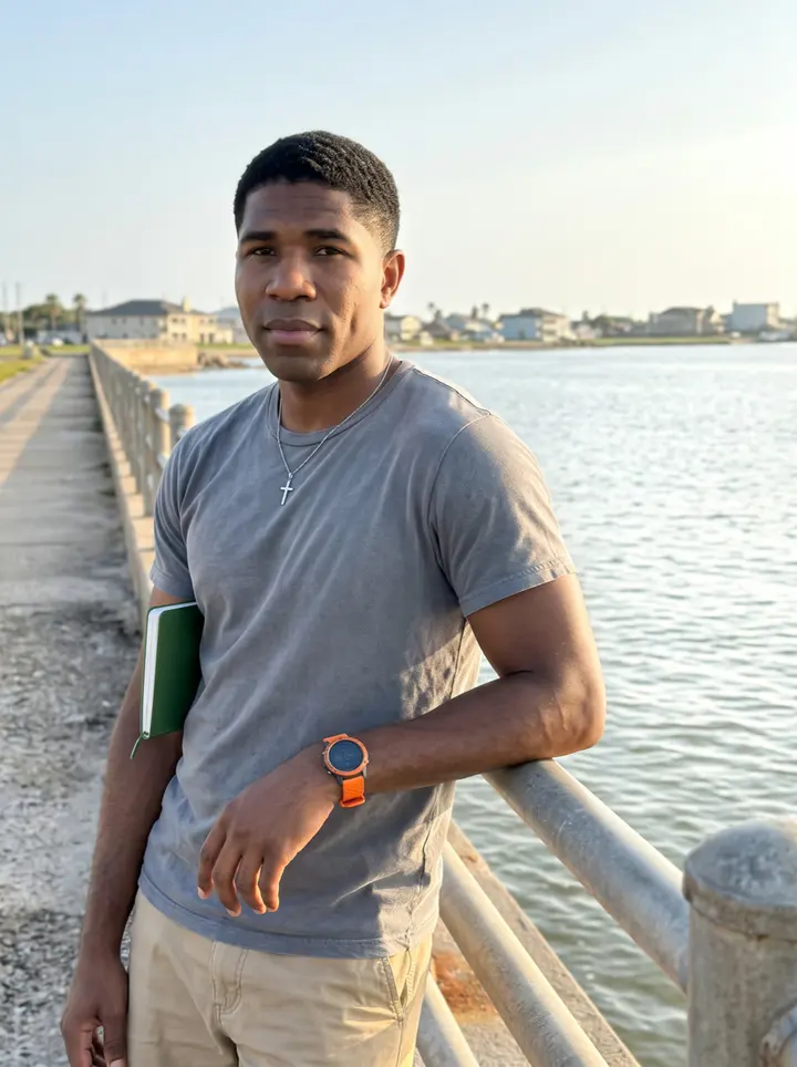 Jahmal, AI character: the Gulf Coast seawall just after sunrise, water behind him and the new town waking up in the distance