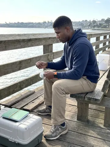 Jahmal, AI character: a public fishing pier on a clear cool morning, phone propped on a tackle box near his shoes