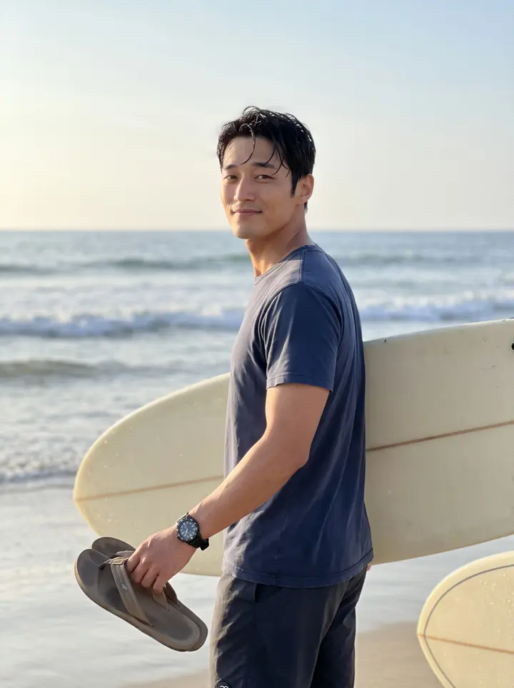 Tae, AI character: El Porto beach just after dawn, standing beside his surfboard with the water behind him
