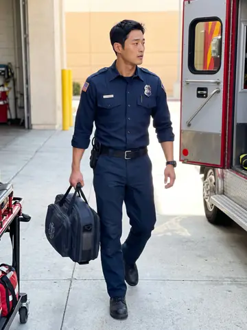 Tae, AI character: ambulance bay outside a Los Angeles fire station during a training shift