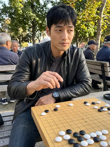 Tae, AI character: a Koreatown park chess and baduk table with older men watching the board