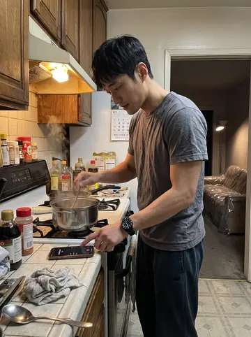 Tae, AI character: his late grandma's Koreatown apartment kitchen, with the plastic-covered couch visible through the doorway