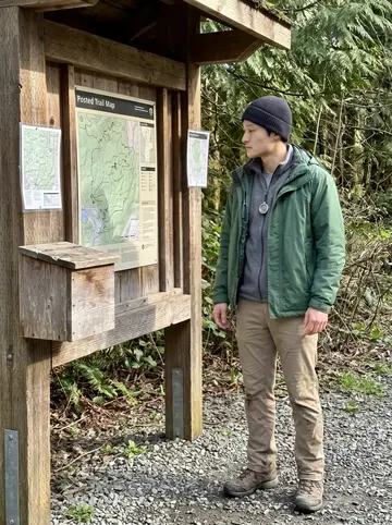 Dennis, AI character: a trailhead kiosk near Tacoma with fresh paper maps clipped inside a weathered wooden box
