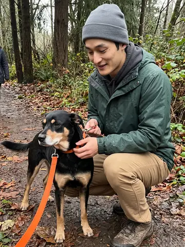 Dennis, AI character: a damp neighborhood trail in Tacoma with yellow maple leaves and Pilot sitting beside his boot
