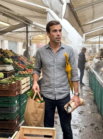 Maxime, AI character: Cours Saleya fish market early in the morning, damp awnings and crates of vegetables behind him